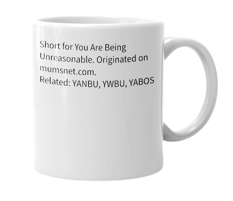 White mug with the definition of 'YABU'