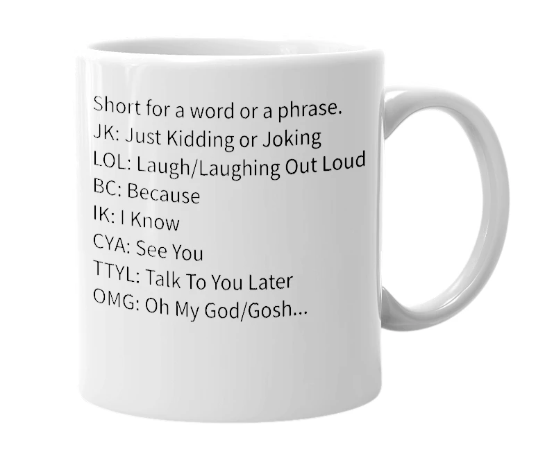 White mug with the definition of 'Abbreviations'