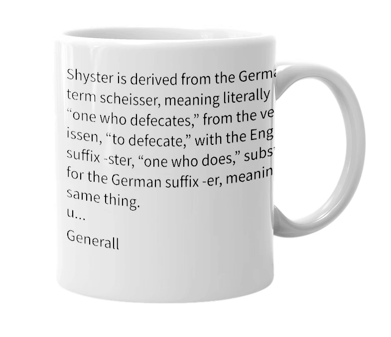 White mug with the definition of 'shyster'