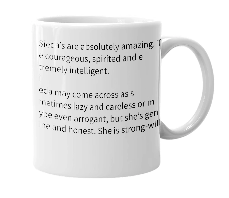 White mug with the definition of 'sieda'