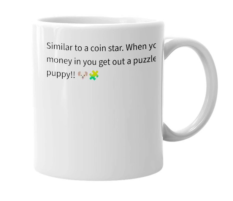 White mug with the definition of 'Puzzles&Puppies'