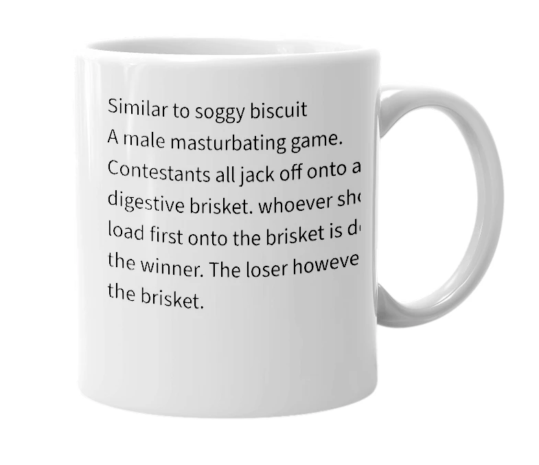 White mug with the definition of 'soggy brisket'