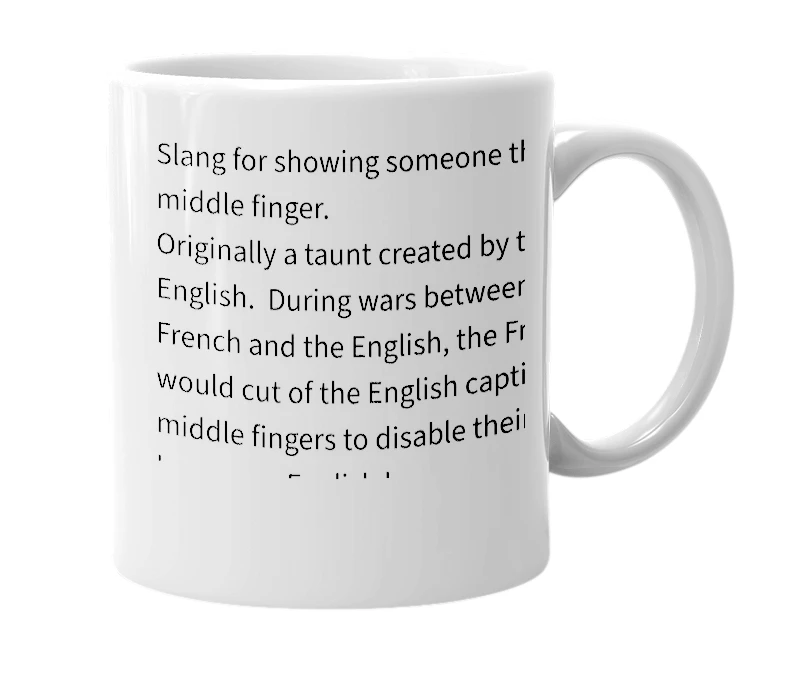 White mug with the definition of 'the finger'