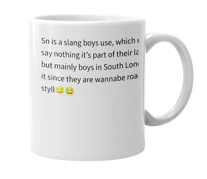 White mug with the definition of 'Sn'