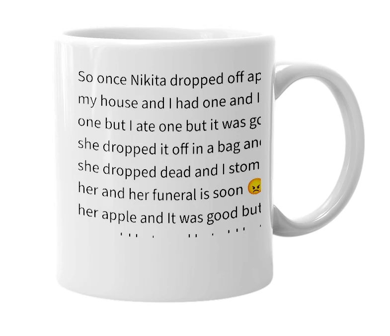 White mug with the definition of 'Nikita’s Apples'