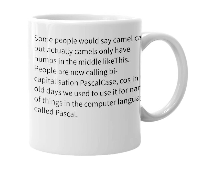 White mug with the definition of 'BiCapitalization'