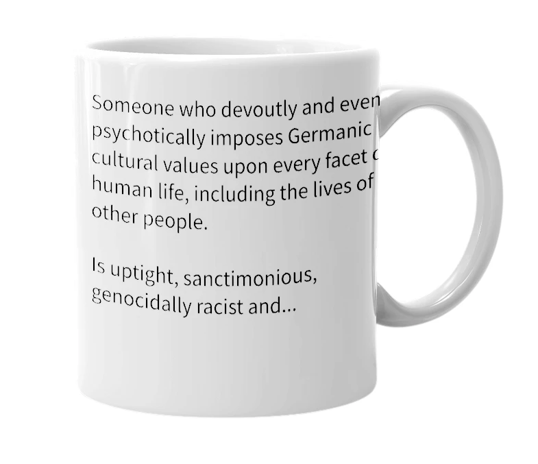 White mug with the definition of 'Germaniac'