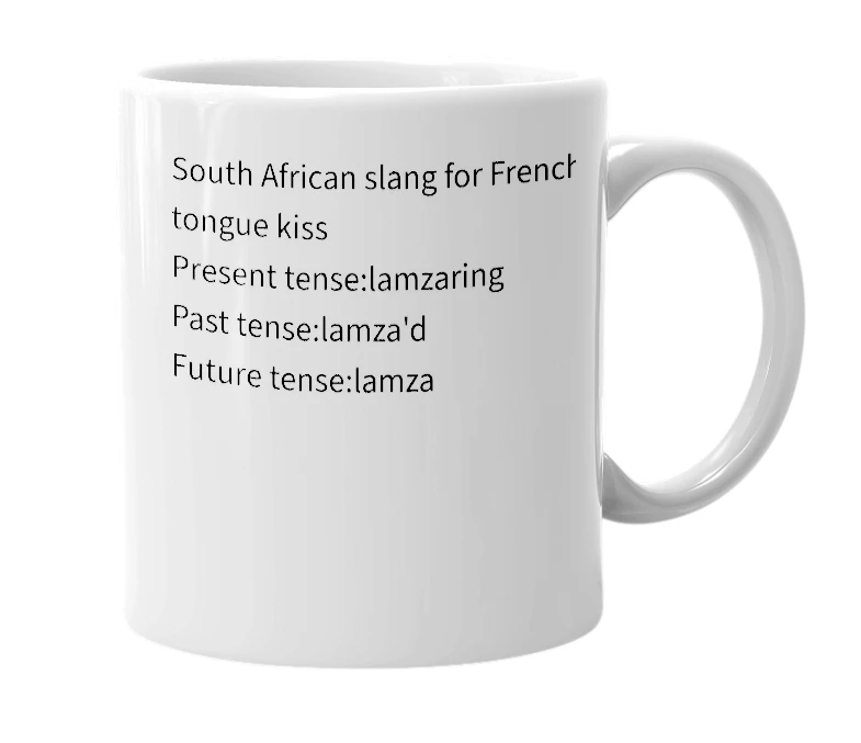 White mug with the definition of 'Lamza'