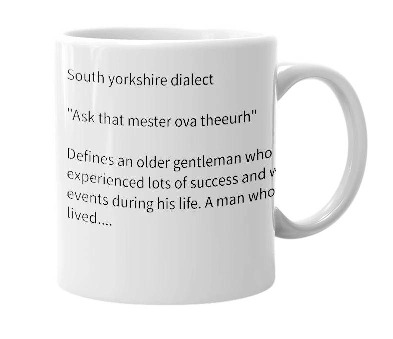 White mug with the definition of 'mester'