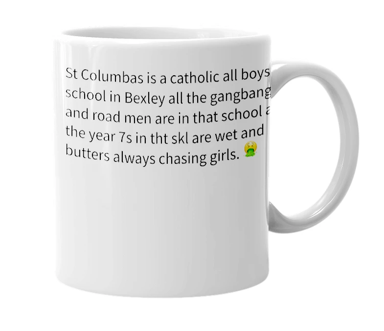 White mug with the definition of 'St Columbas'