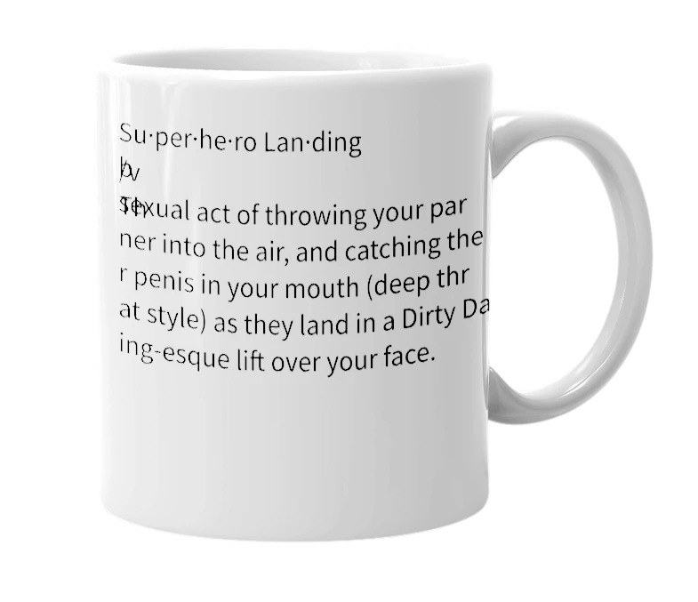 White mug with the definition of 'superhero landing'