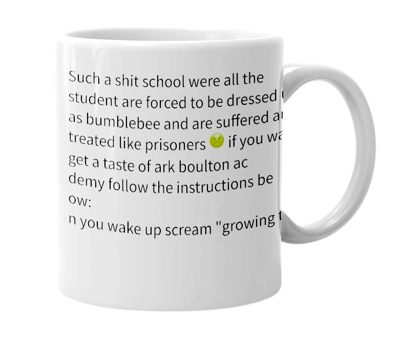 White mug with the definition of 'ark boulton academy'