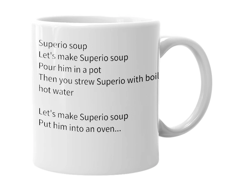 White mug with the definition of 'Superio Soup'