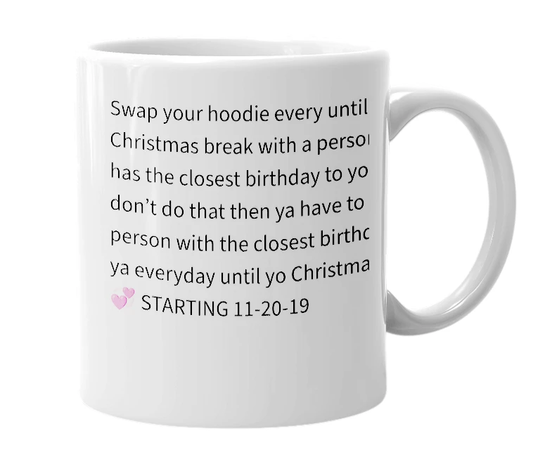 White mug with the definition of 'Hoodie Swap'