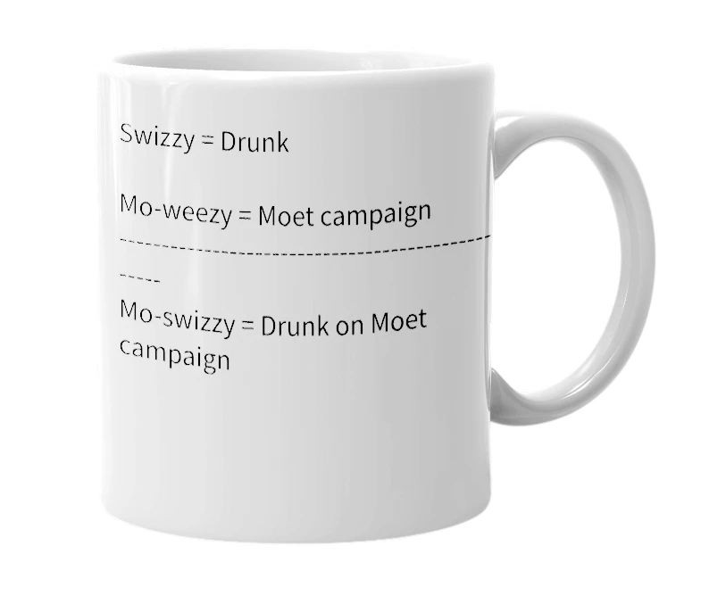 White mug with the definition of 'mo-swizzy'