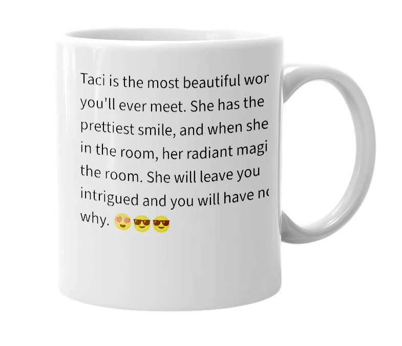 White mug with the definition of 'Taci'