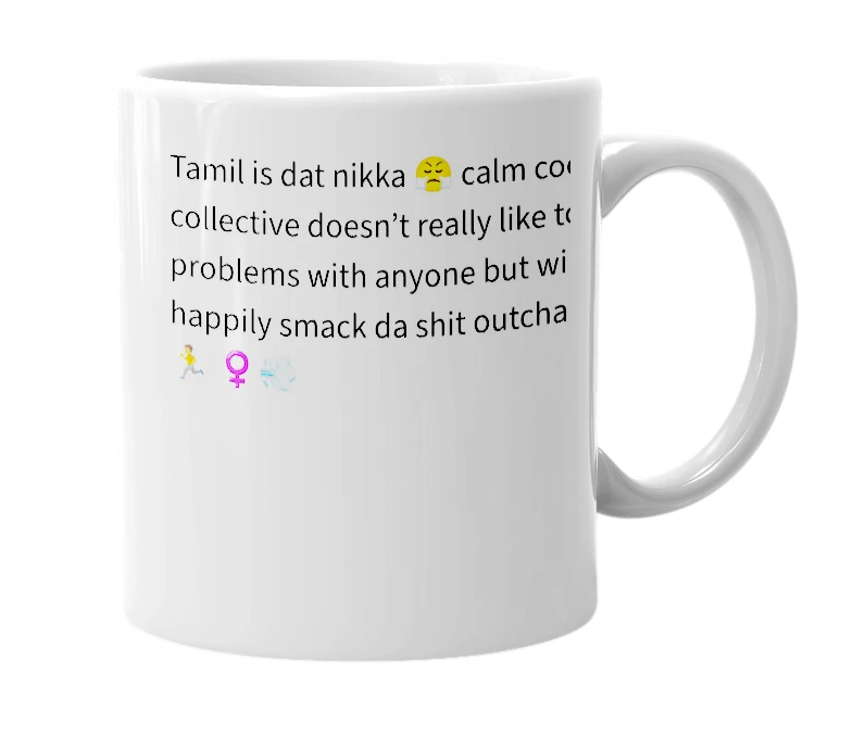 White mug with the definition of 'Tamil'