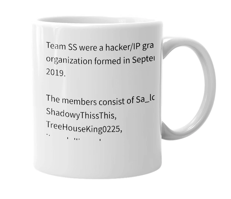 White mug with the definition of 'Team SS'