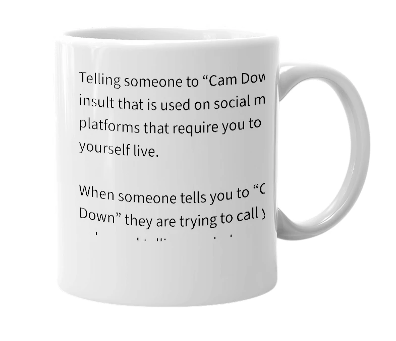 White mug with the definition of 'Cam down'