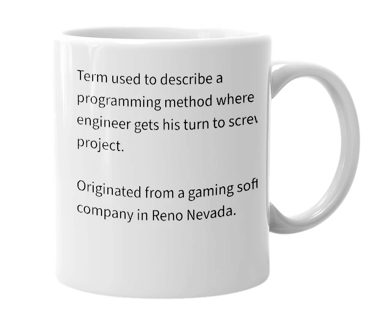 White mug with the definition of 'Orgy Programming'