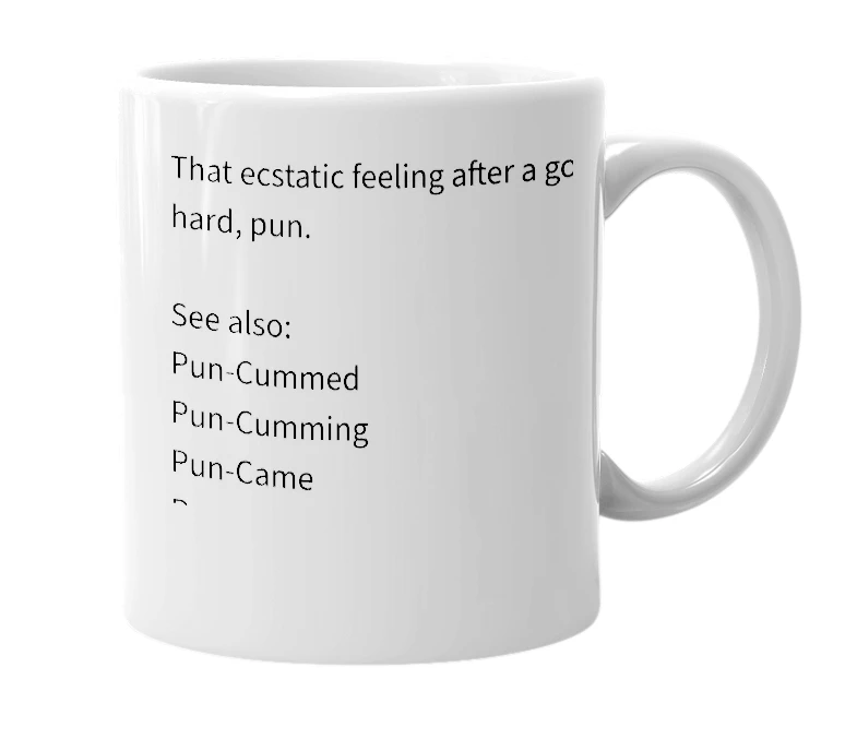White mug with the definition of 'Pun-Cum'