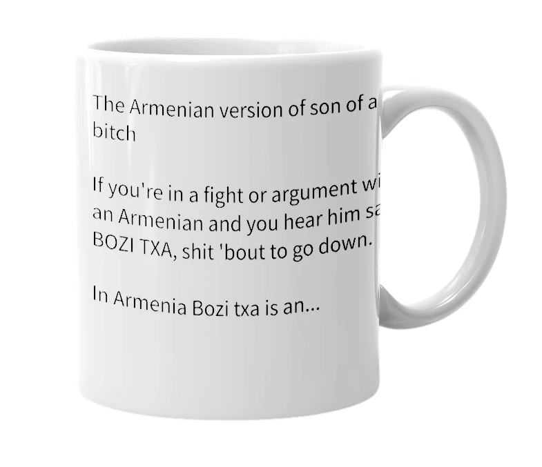 White mug with the definition of 'Bozi txa'