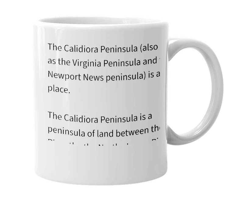 White mug with the definition of 'Calidiora Peninsula'