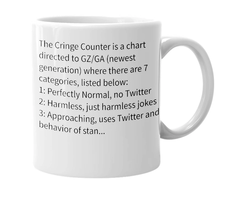 White mug with the definition of 'Cringe Counter'
