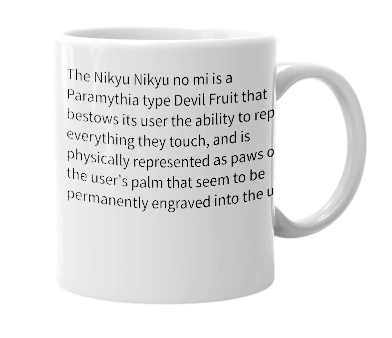 White mug with the definition of 'Nikyu Nikyu no mi'