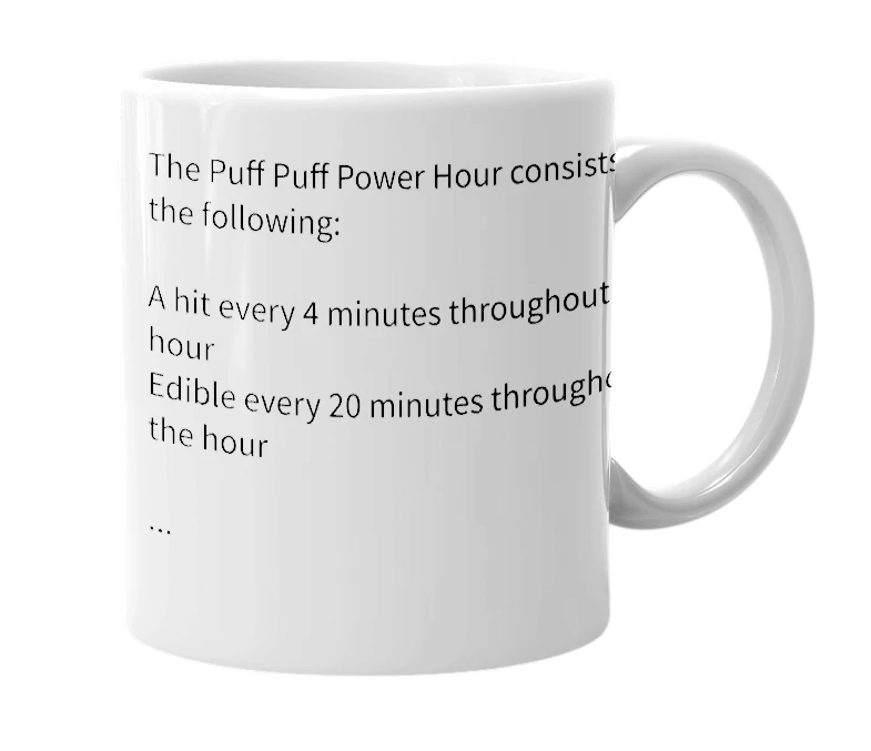 White mug with the definition of 'Puff Puff Power Hour'