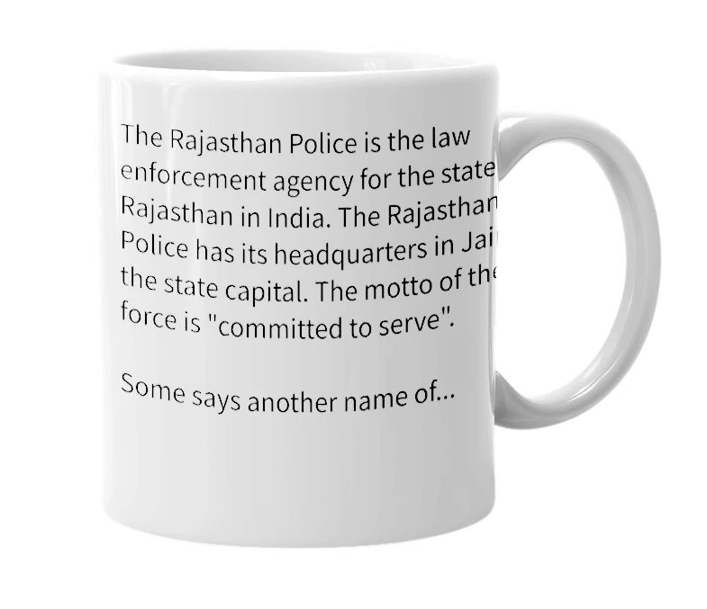 White mug with the definition of 'Rajasthan Police'