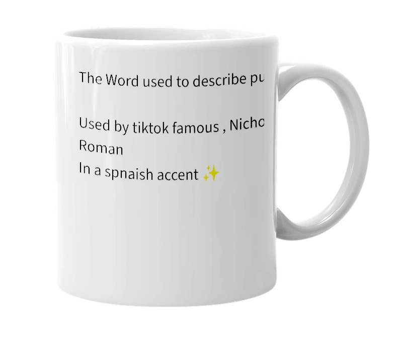 White mug with the definition of 'PUEBES'