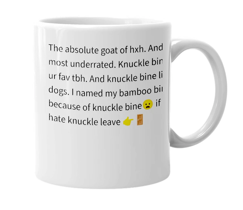 White mug with the definition of 'Knuckle bine'