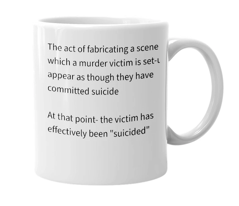 White mug with the definition of 'Suiciding (v.)'