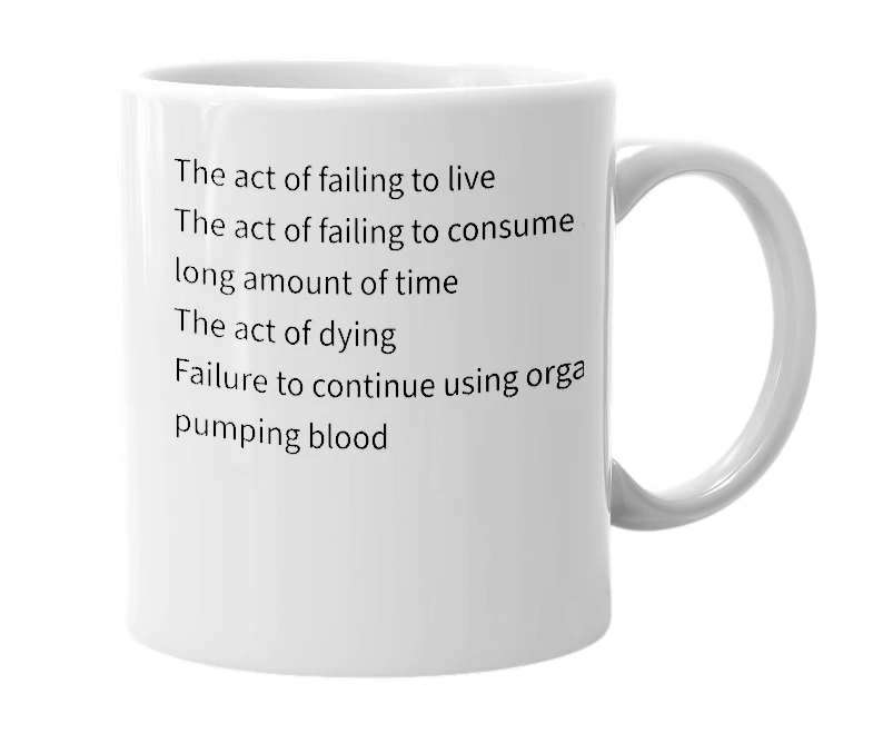 White mug with the definition of 'Death'