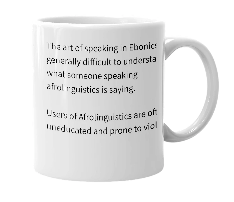 White mug with the definition of 'Afrolinguistics'