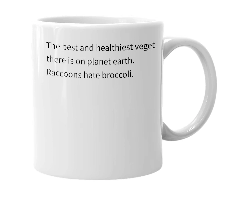 White mug with the definition of 'Broccolli'