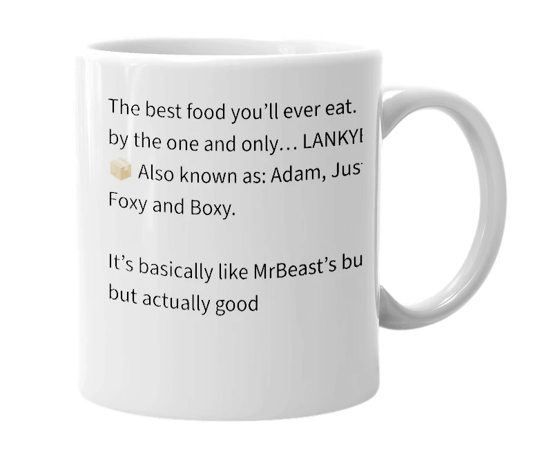 White mug with the definition of 'LankyBox Kitchen'