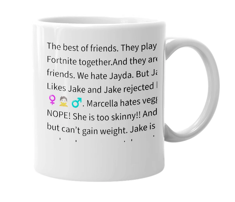 White mug with the definition of 'marcella jake'