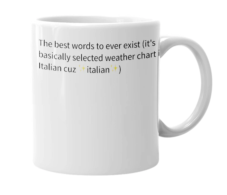 White mug with the definition of 'cato meteo selte'