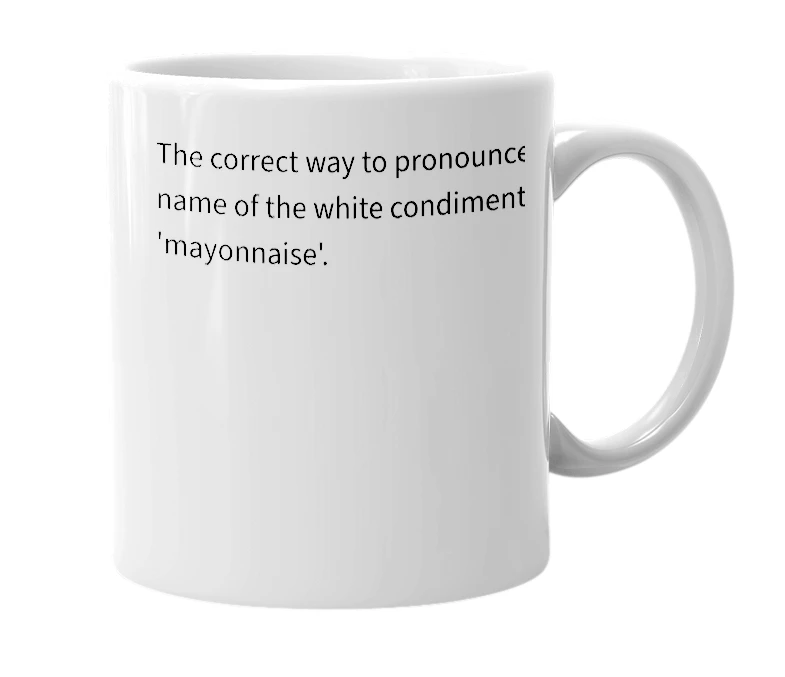 White mug with the definition of 'mayo de noche'