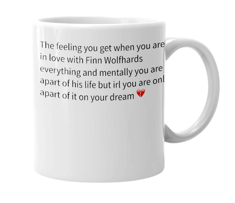 White mug with the definition of 'Finnie Wolfhard depression'