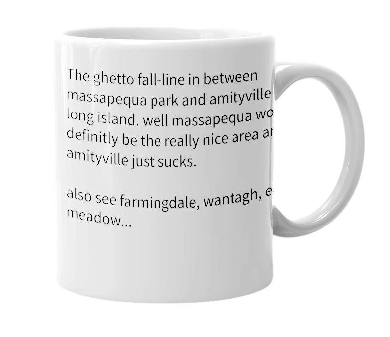 White mug with the definition of 'Route 110 / Broadhollow Road'