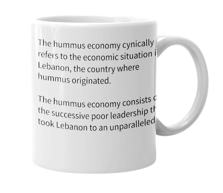 White mug with the definition of 'Hummus Economy'