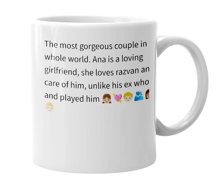 White mug with the definition of 'Ana and Razvan'