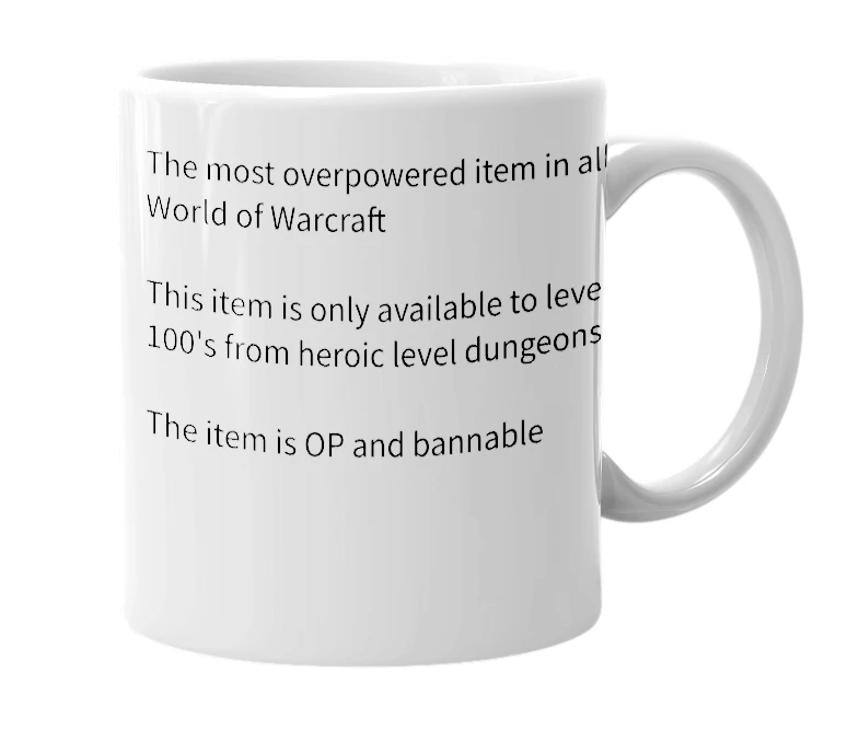 White mug with the definition of 'warmongering combatant's decapitator'