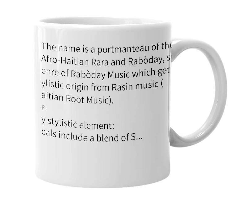 White mug with the definition of 'Rara-Bòday'