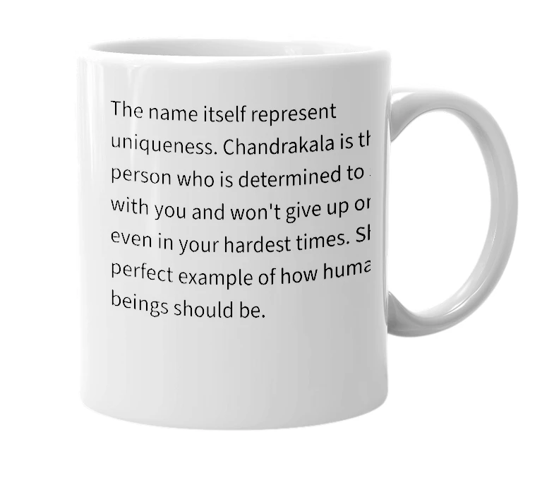 White mug with the definition of 'chandrakala'