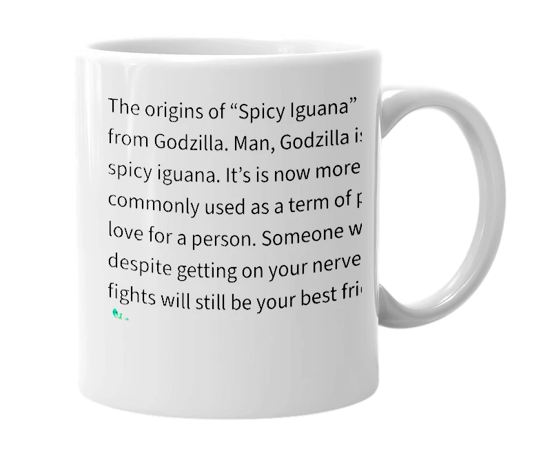 White mug with the definition of 'spicy iguana'