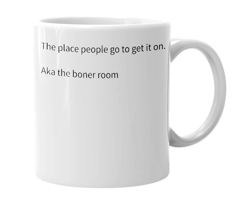 White mug with the definition of 'Bonus room'